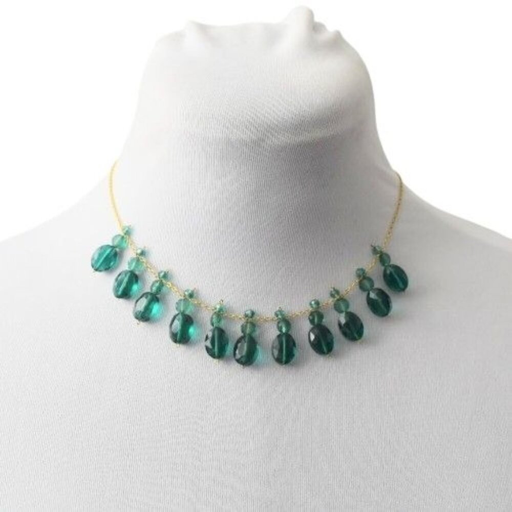 Dainty Green Teardrop Faceted Bead Necklace 18K Gold Filled Boho